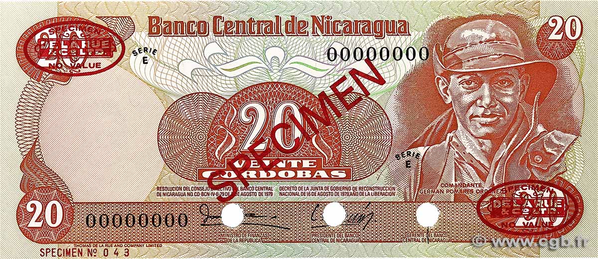 20 Cordobas Spécimen NICARAGUA 1979 P.135s FDC
