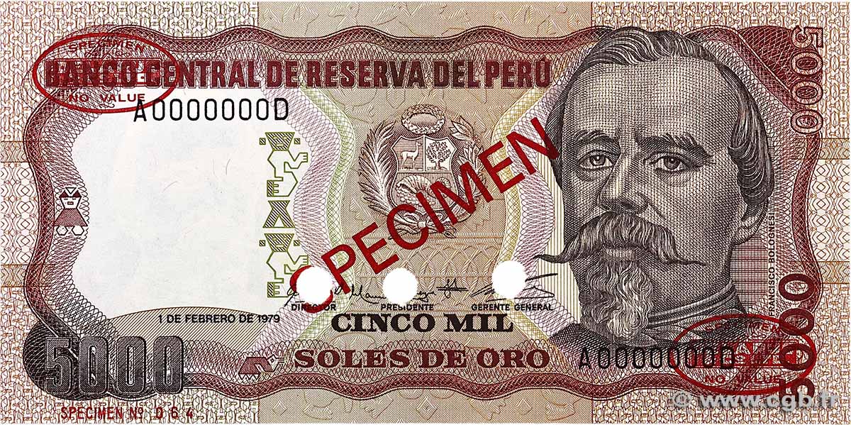 5000 Soles de Oro Spécimen PERú 1979 P.119s FDC