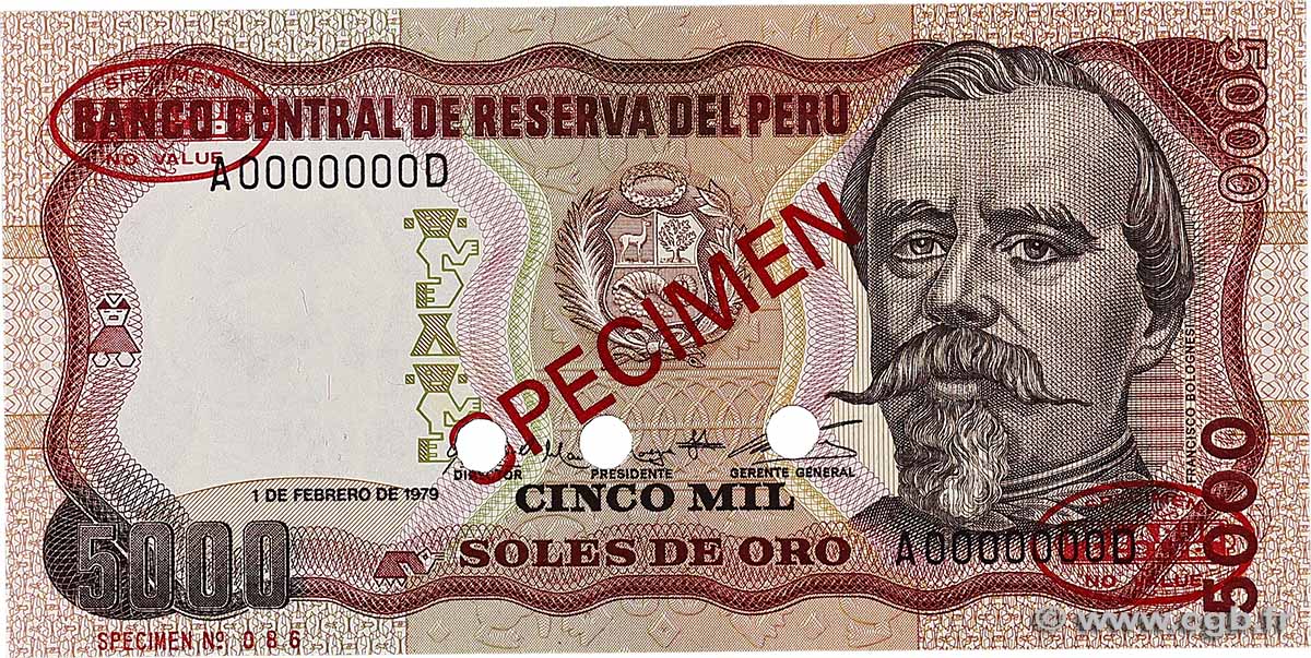 5000 Soles de Oro Spécimen PERU 1979 P.119s UNC