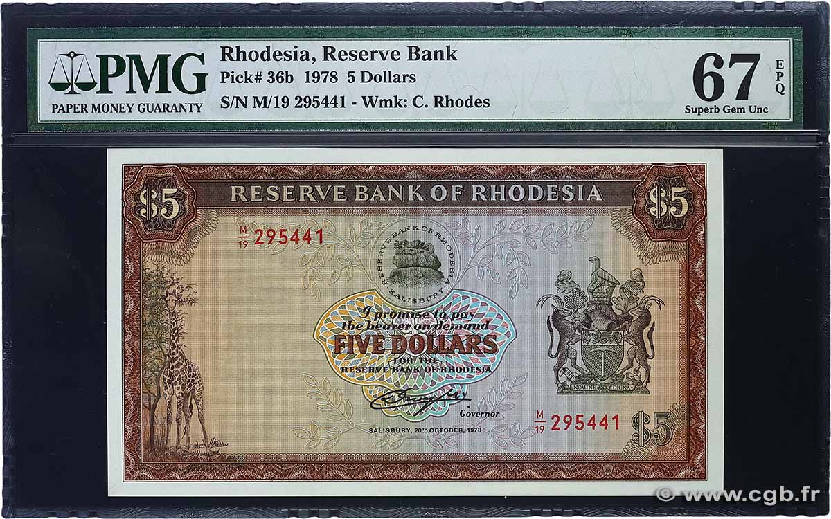 5 Dollars RHODÉSIE 1978 P.36b NEUF