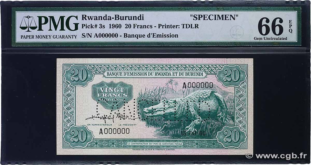 20 Francs Spécimen RWANDA BURUNDI 1960 P.03s NEUF