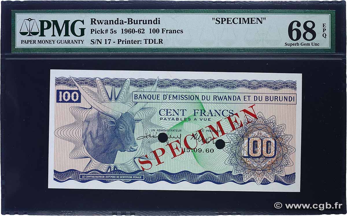 100 Francs Spécimen RWANDA BURUNDI 1960 P.05s NEUF