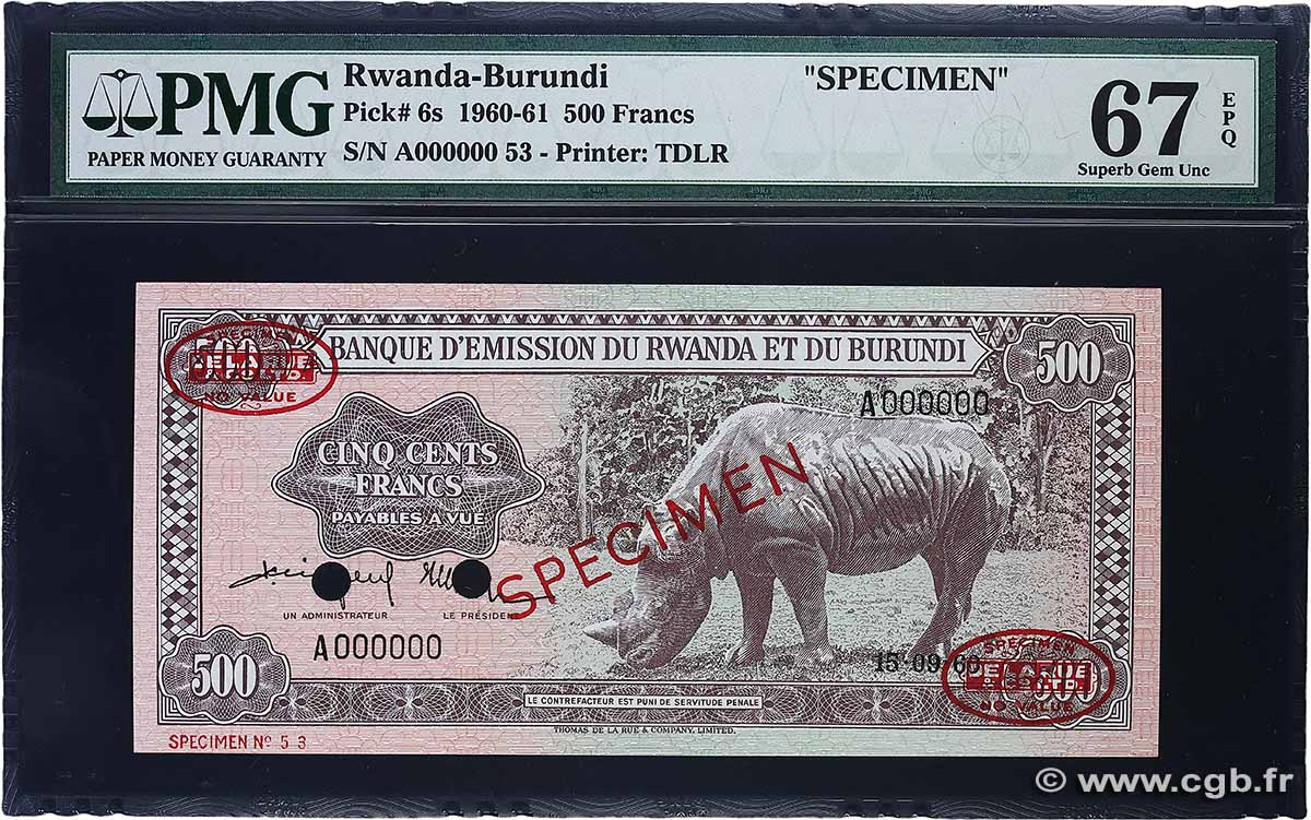 500 Francs Spécimen RWANDA BURUNDI 1960 P.06s NEUF