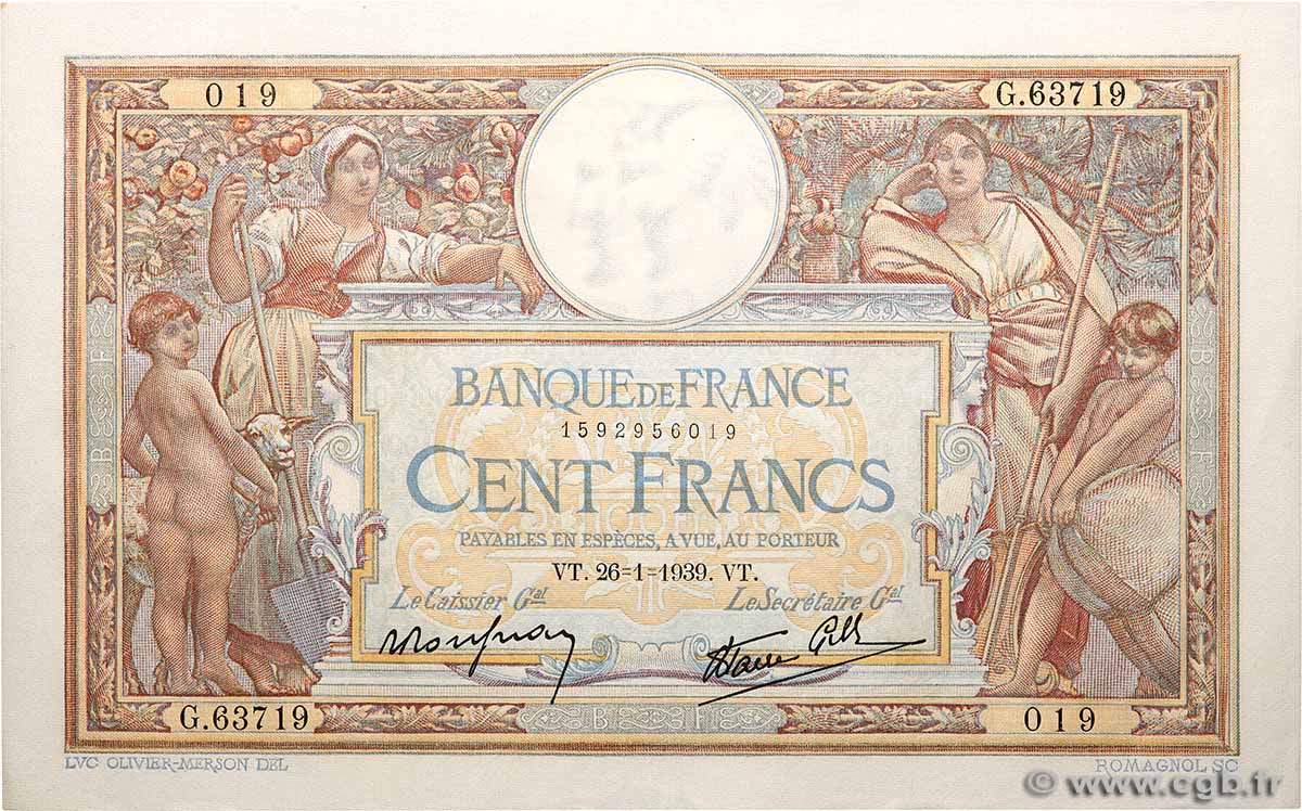 100 Francs LUC OLIVIER MERSON type modifié FRANKREICH 1939 F.25.40a fST+