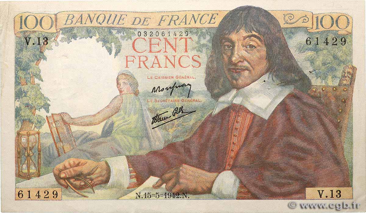 100 Francs DESCARTES FRANKREICH 1942 F.27.01 fVZ