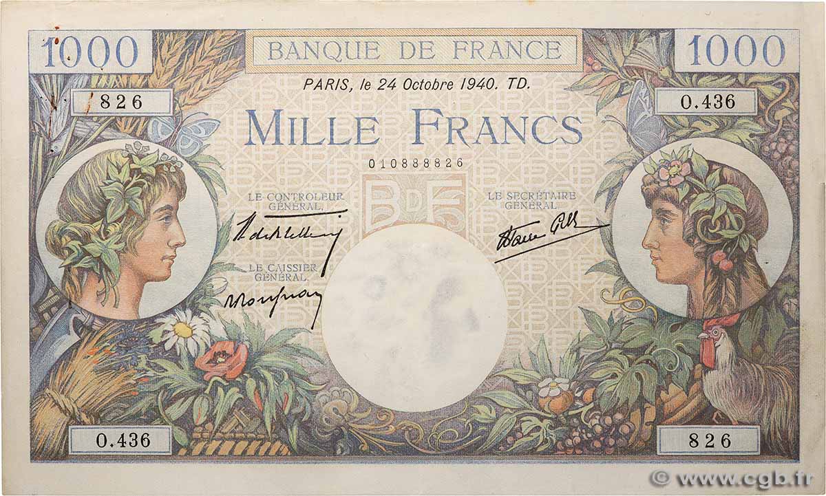 1000 Francs COMMERCE ET INDUSTRIE FRANKREICH 1940 F.39.01 fVZ