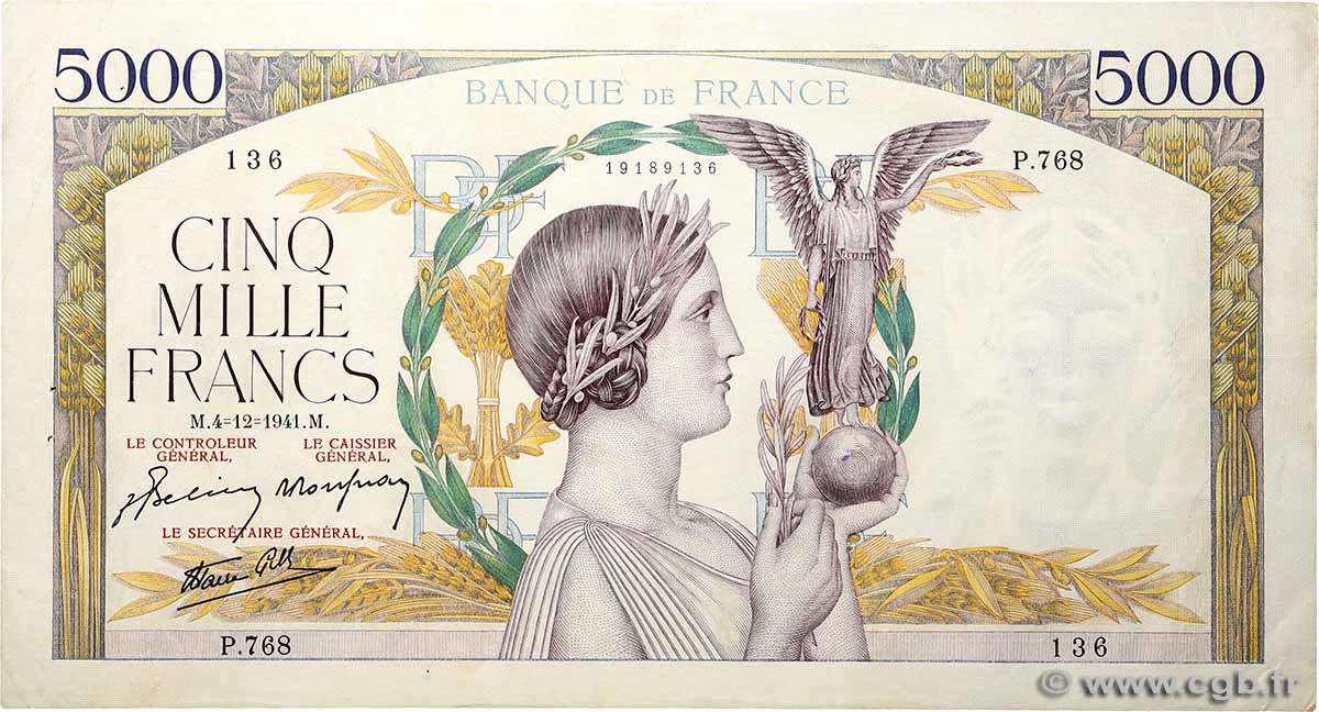 5000 Francs VICTOIRE Impression à plat FRANKREICH 1941 F.46.30 fVZ