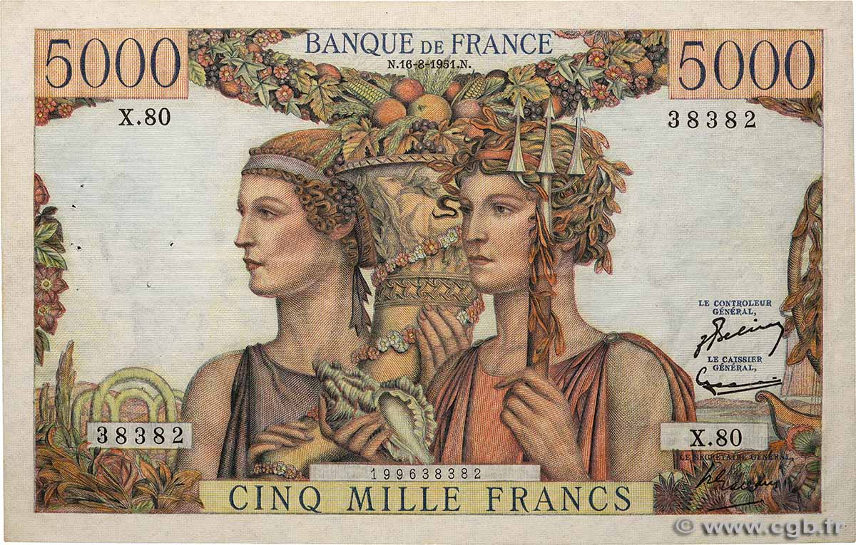 5000 Francs TERRE ET MER FRANKREICH 1951 F.48.05 fVZ