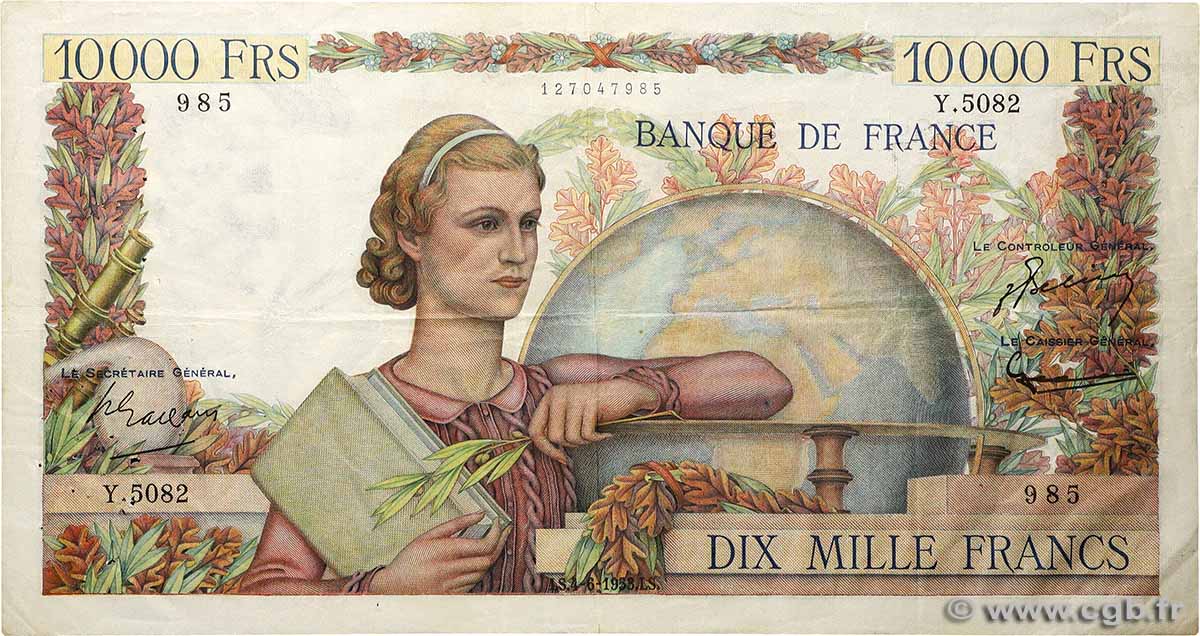 10000 Francs GÉNIE FRANÇAIS FRANKREICH 1953 F.50.66 SS