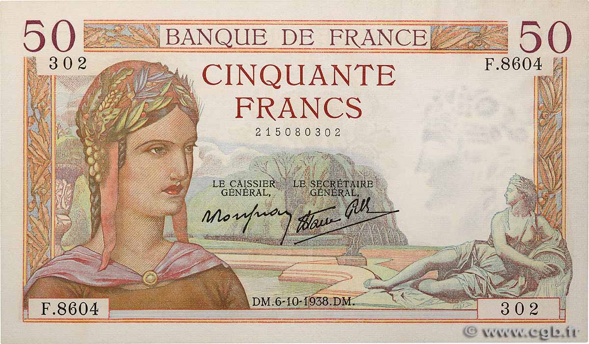 50 Francs CÉRÈS modifié FRANKREICH 1938 F.18.15 VZ+
