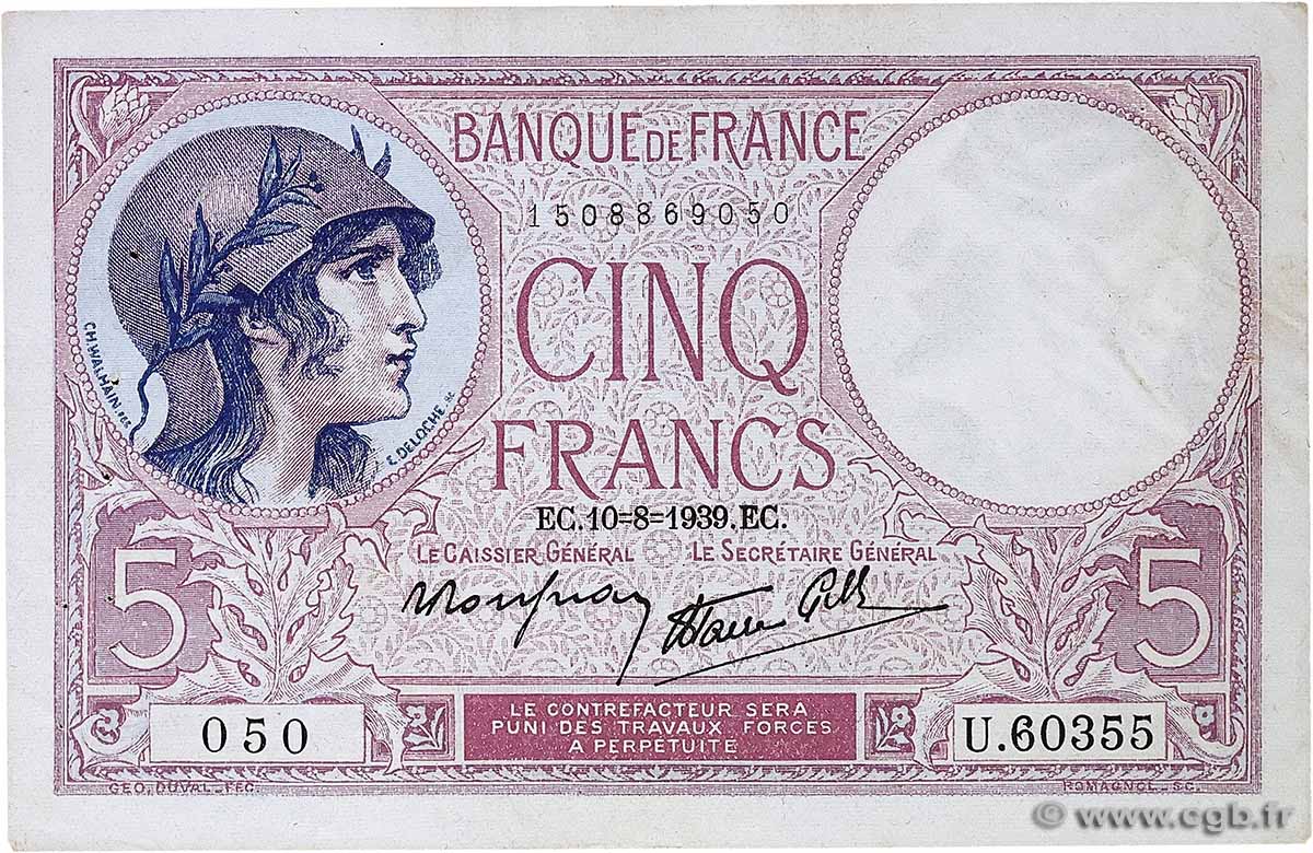 5 Francs FEMME CASQUÉE modifié FRANKREICH 1939 F.04.05 fVZ