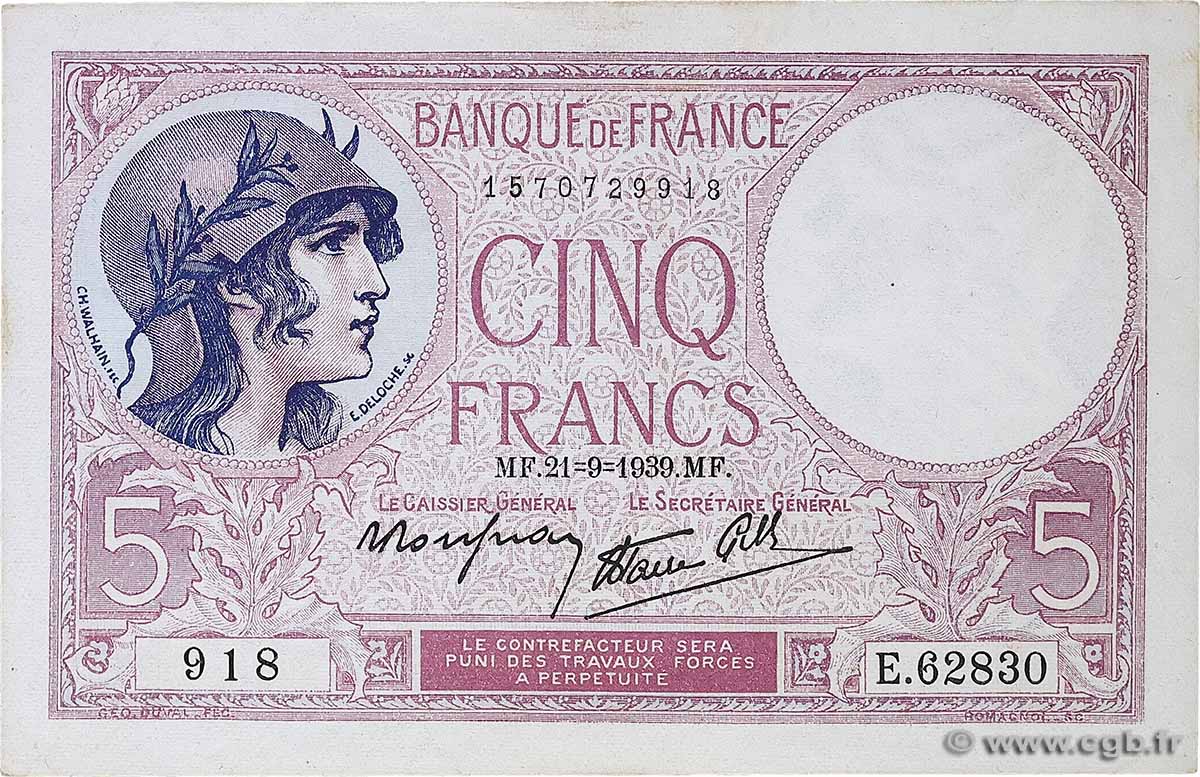5 Francs FEMME CASQUÉE modifié FRANKREICH 1939 F.04.09 VZ