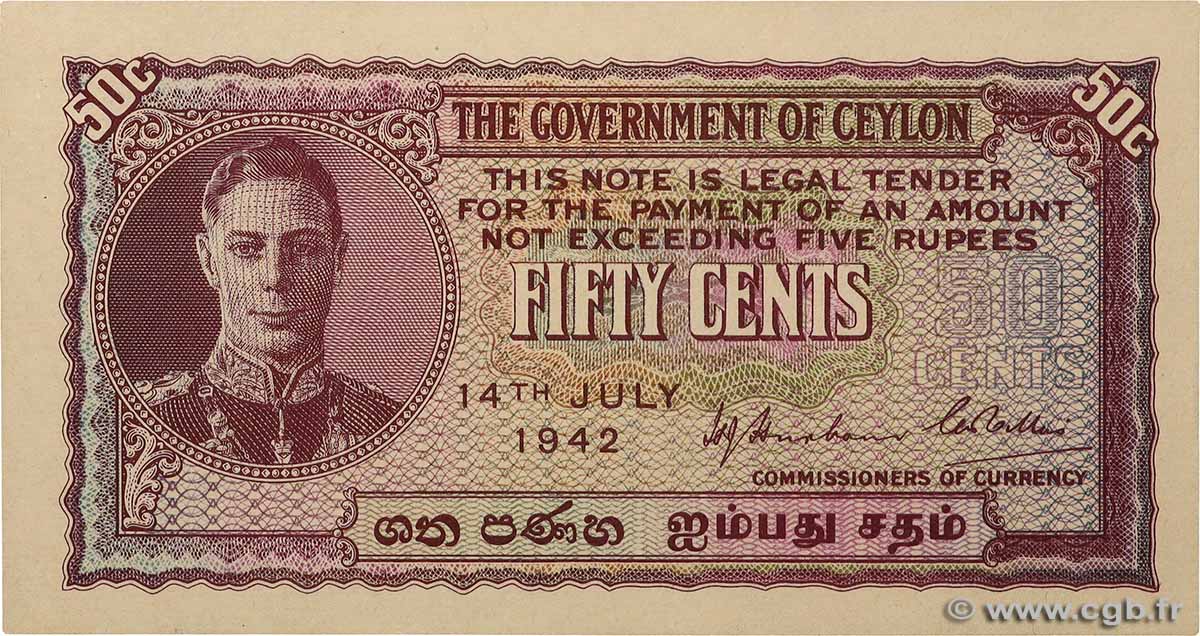 50 Cents CEYLON 1942 P.045a fST+