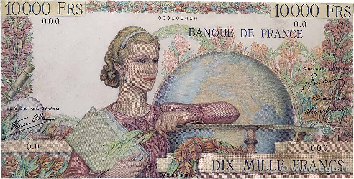 10000 Francs GÉNIE FRANÇAIS Épreuve FRANCE 1945 F.50.00E AU