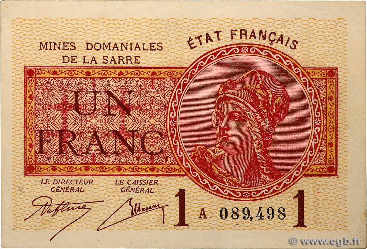 1 Franc MINES DOMANIALES DE LA SARRE FRANKREICH 1920 VF.51.01 VZ
