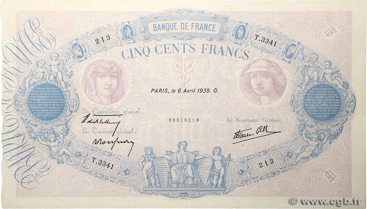 500 Francs BLEU ET ROSE modifié FRANCE 1939 F.31.30 TTB