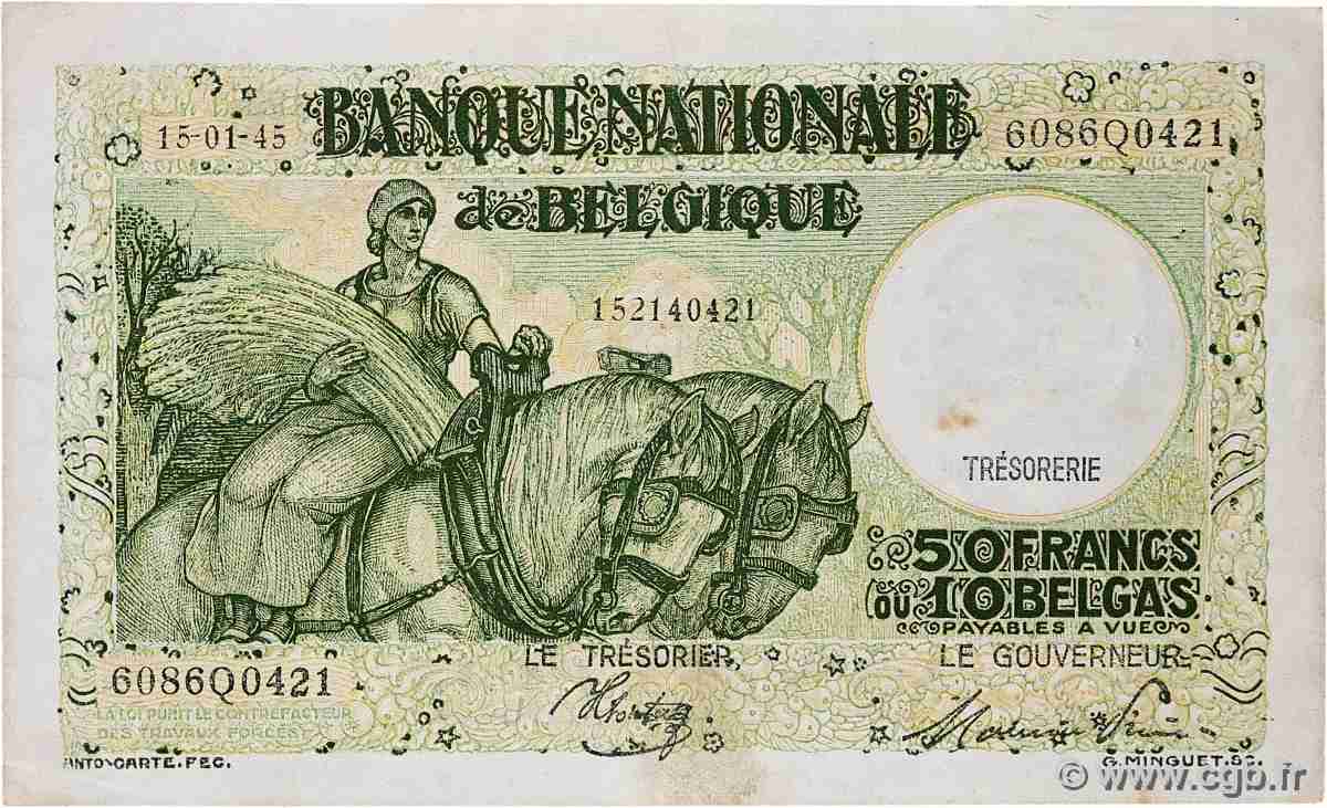50 Francs - 10 Belgas BELGIUM 1945 P.106 VF