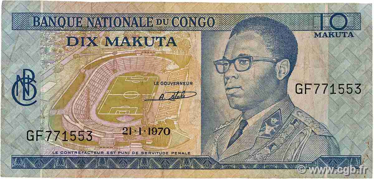 10 Makuta CONGO, DEMOCRATIQUE REPUBLIC 1970 P.009a VG