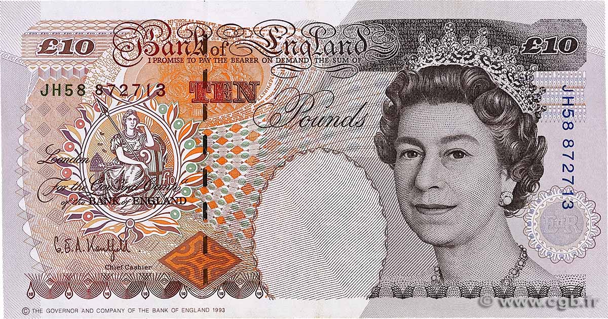 10 Pounds ENGLAND 1992 P.383a VF+