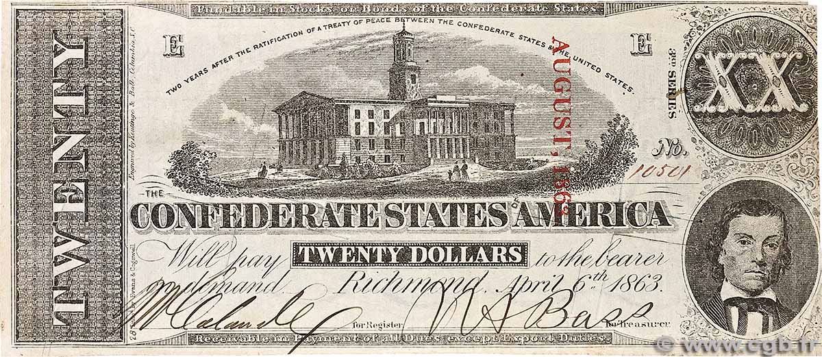 20 Dollars Annulé ÉTATS CONFÉDÉRÉS D AMÉRIQUE 1863 P.61b pr.TTB