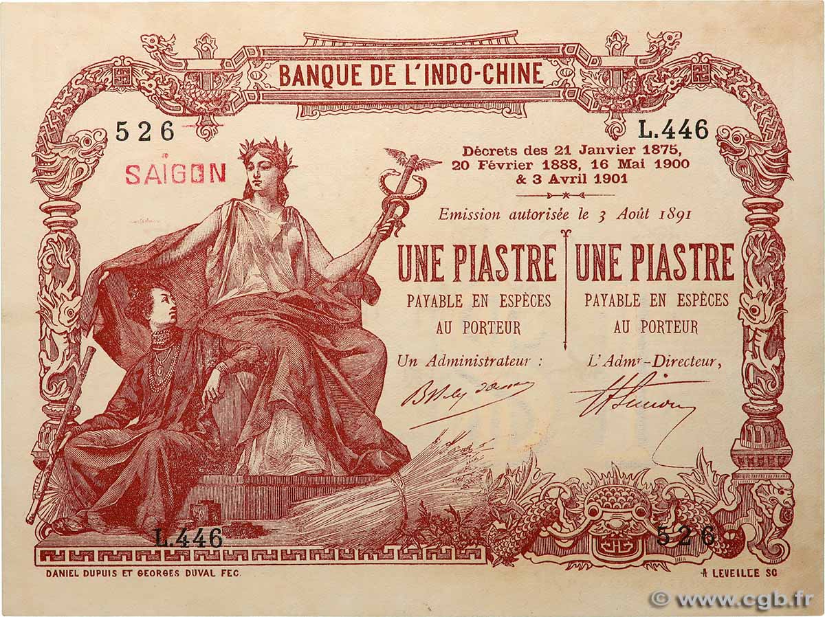 1 Piastre - 1 Piastre FRANZÖSISCHE-INDOCHINA Saïgon 1909 P.034b VZ+