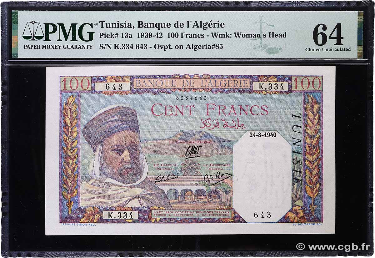 100 Francs TUNISIA 1940 P.13a UNC-