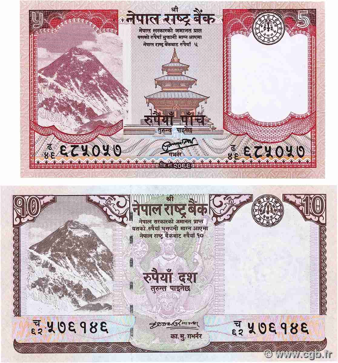5 et 10 Rupees Lot NEPAL 2008 P.61a et P.69 UNC