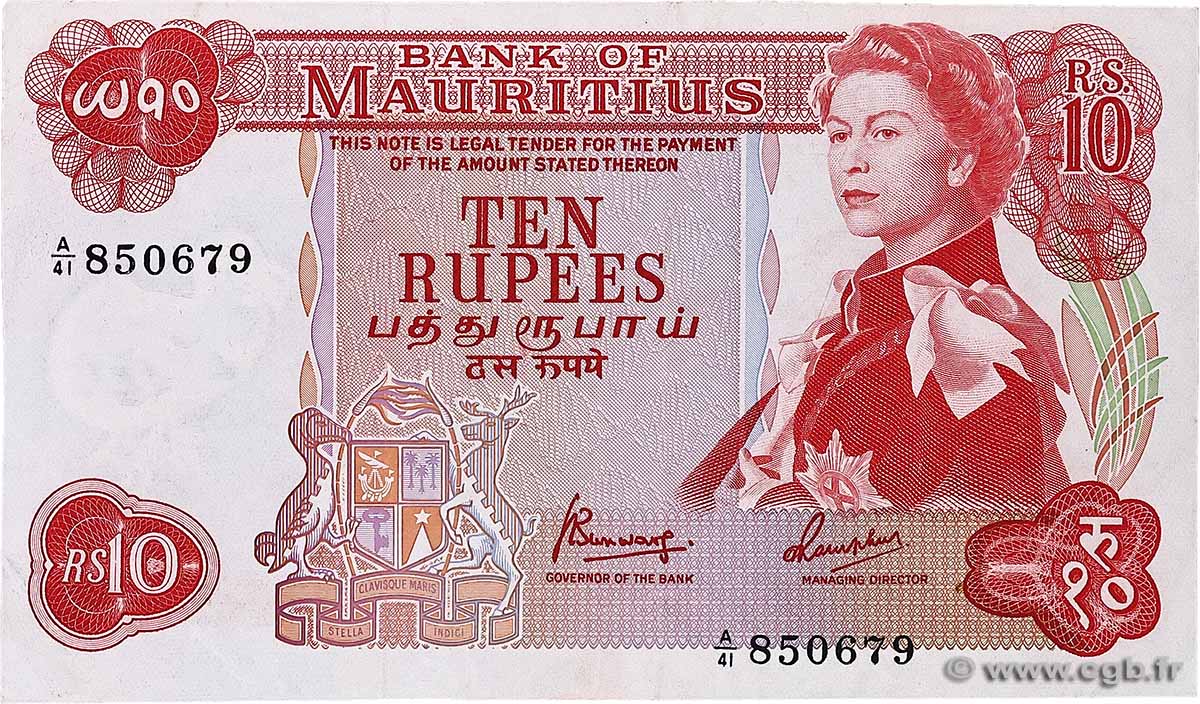 10 Rupees MAURITIUS 1967 P.31c VF+