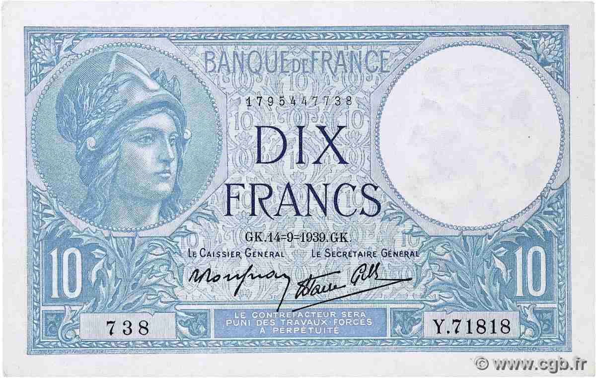 10 Francs MINERVE modifié FRANCE 1939 F.07.07 VF+