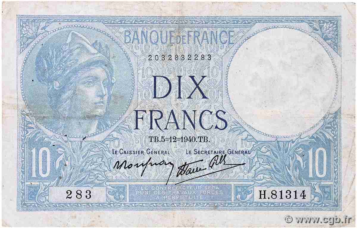 10 Francs MINERVE modifié FRANCE 1940 F.07.23 VG