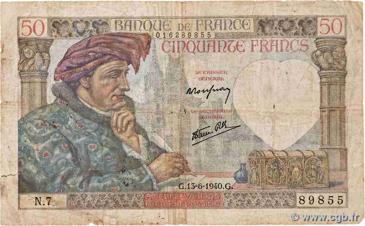 50 Francs JACQUES CŒUR FRANCE 1940 F.19.01 VG