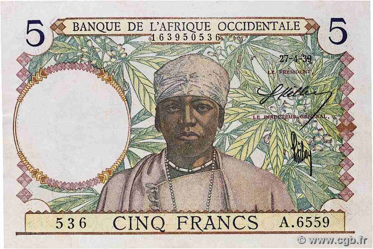 5 Francs FRENCH WEST AFRICA 1938 P.21 MBC+