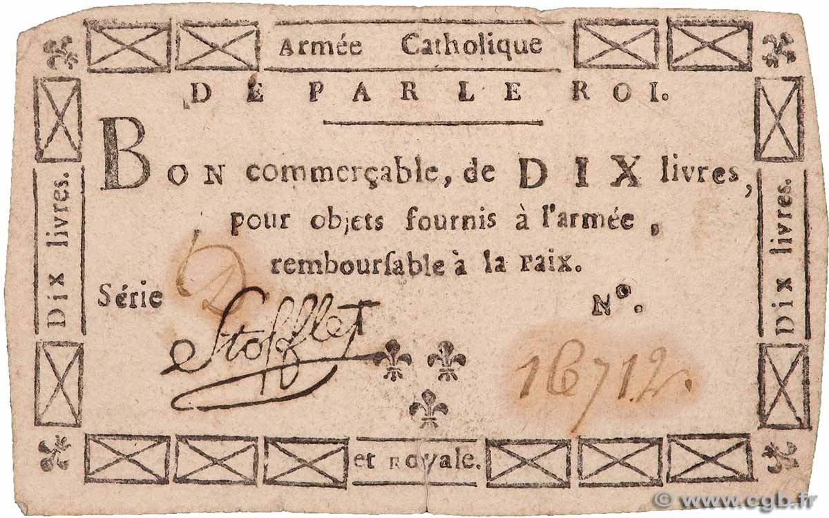 10 Livres Stofflet FRANKREICH 1794 Kol.061 S