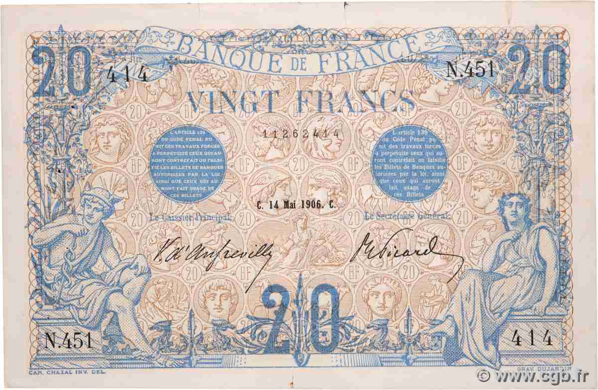 20 Francs BLEU FRANCE 1906 F.10.01 VF+
