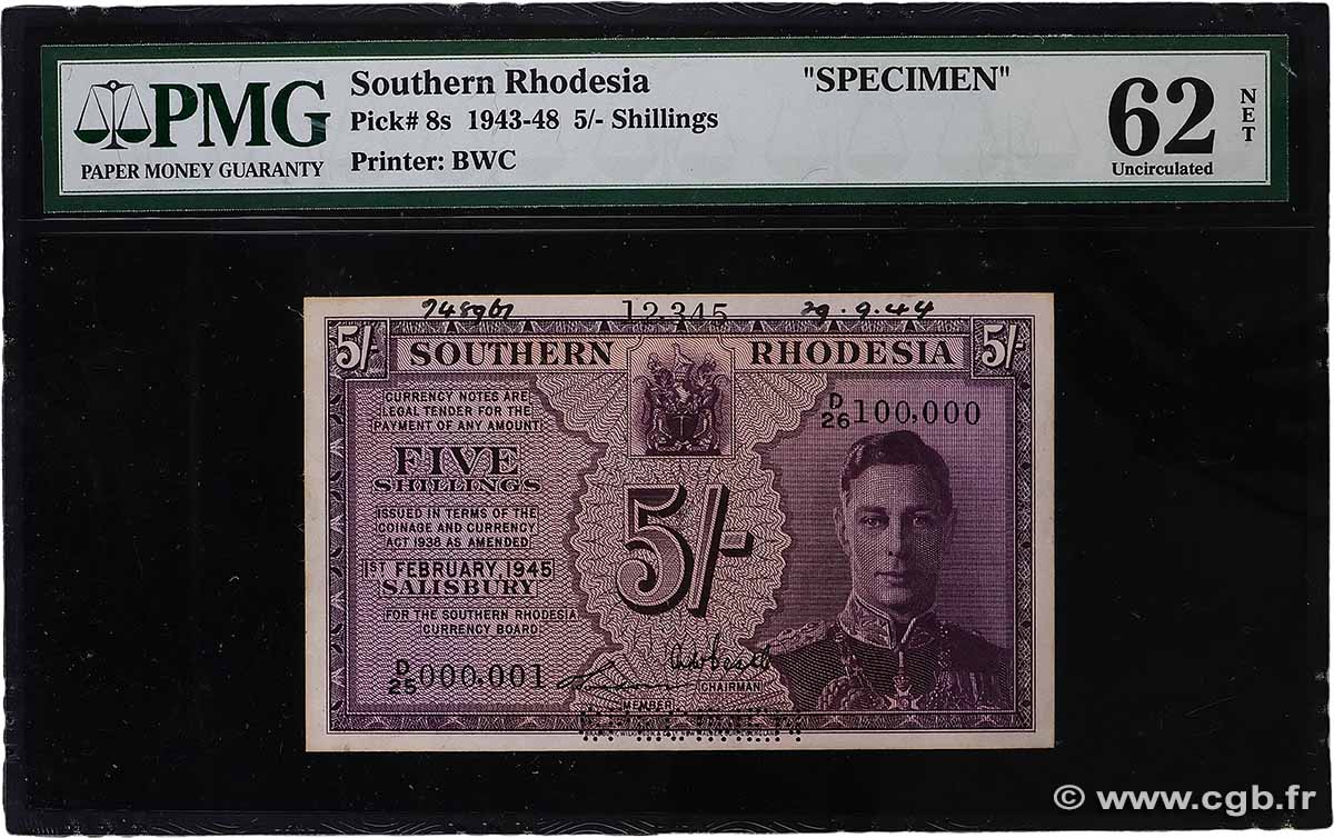 5 Shillings Spécimen RHODÉSIE DU SUD 1945 P.08bs pr.NEUF