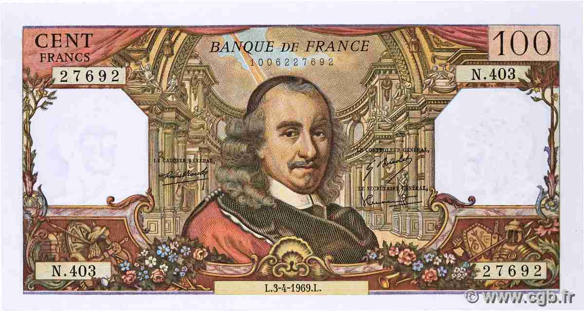 100 Francs CORNEILLE FRANCE 1969 F.65.26 UNC-