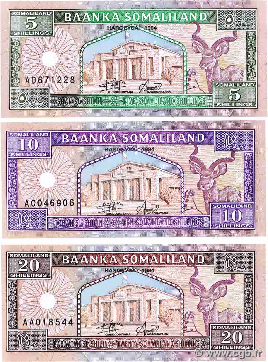 5, 10 et 20 Shillings Lot SOMALILAND 1994 P.1, P2a et P.3a NEUF