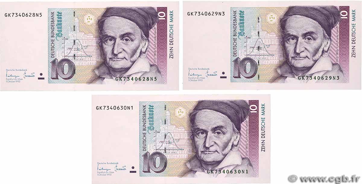 10 Deutsche Mark Consécutifs GERMAN FEDERAL REPUBLIC 1993 P.38c UNC-