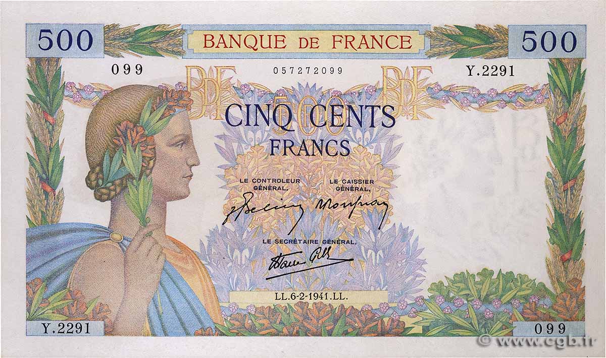 500 Francs LA PAIX FRANCE 1941 F.32.14 UNC-