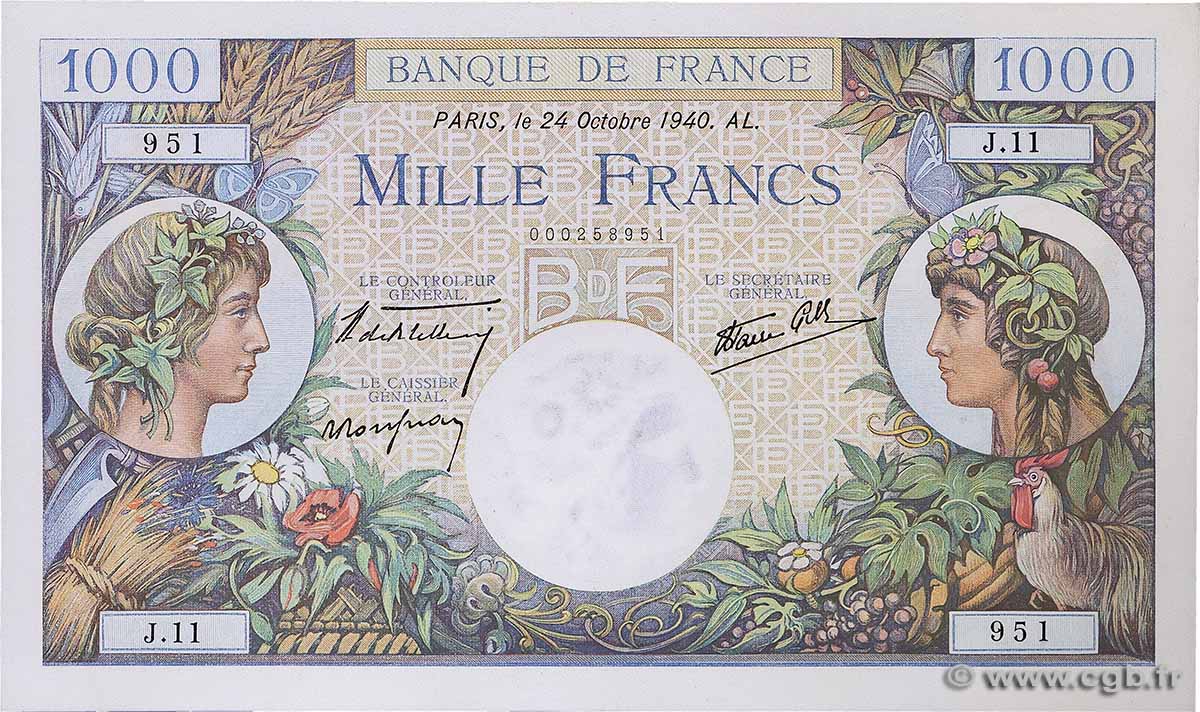 1000 Francs COMMERCE ET INDUSTRIE FRANCE 1940 F.39.01 UNC-