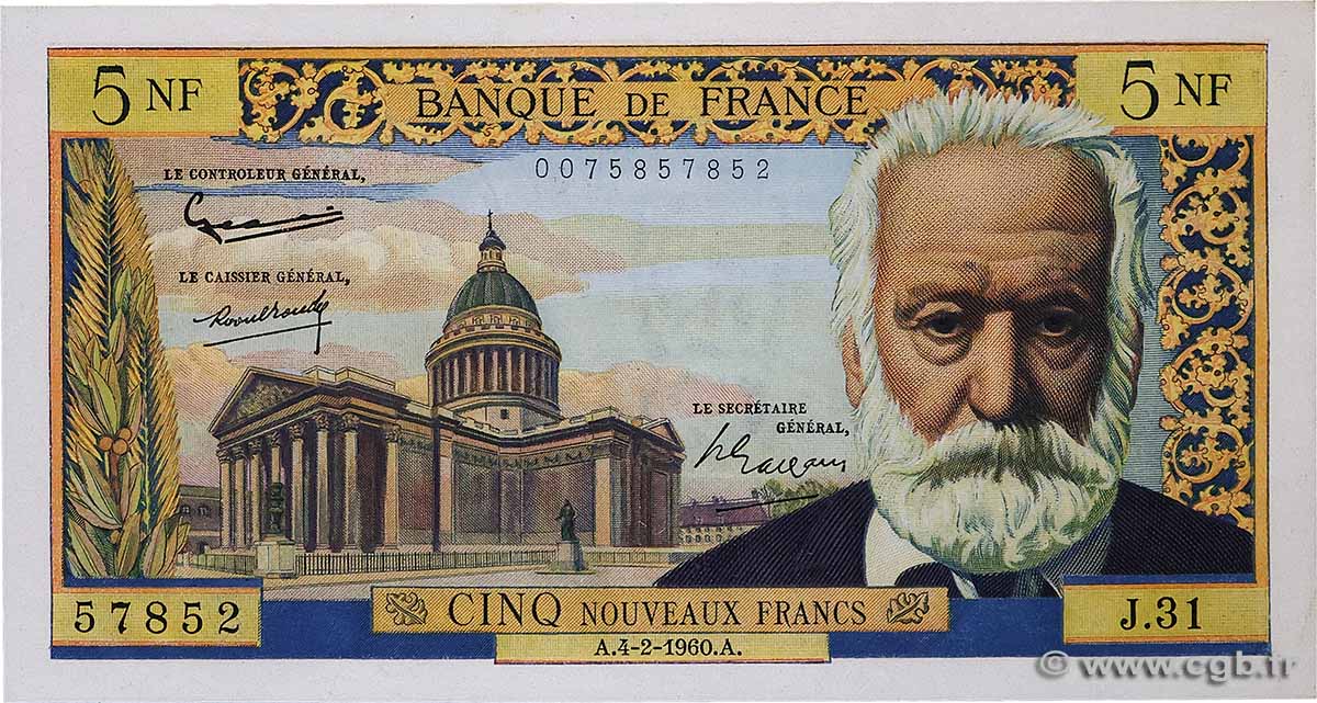 5 Nouveaux Francs VICTOR HUGO FRANCE 1960 F.56.05 UNC