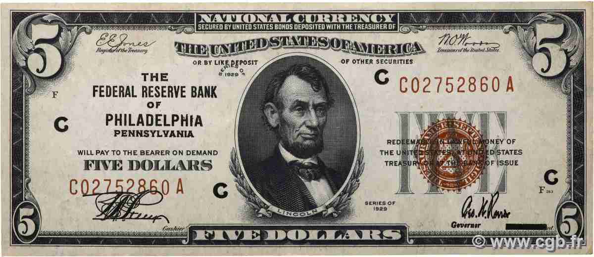 5 Dollars VEREINIGTE STAATEN VON AMERIKA Philadelphie 1929 P.395C VZ