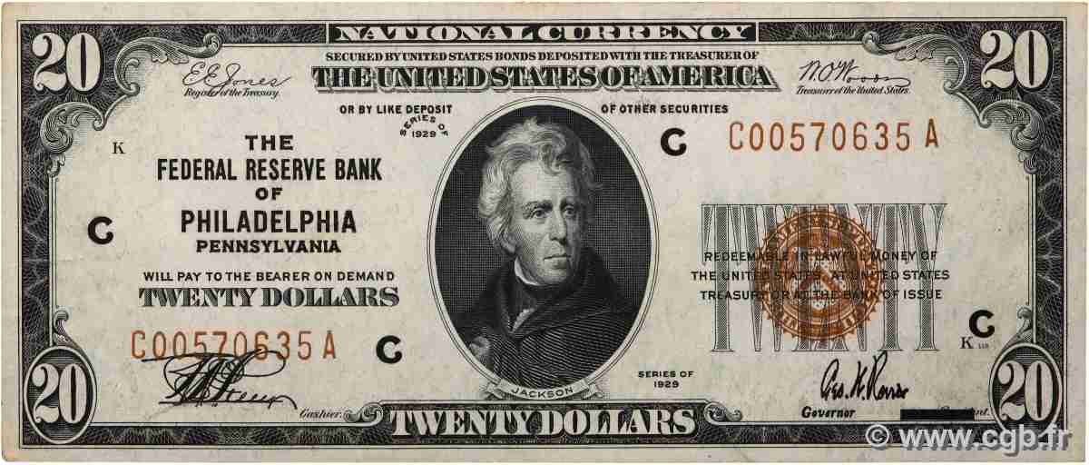 20 Dollars VEREINIGTE STAATEN VON AMERIKA Philadelphie 1929 P.397C fVZ