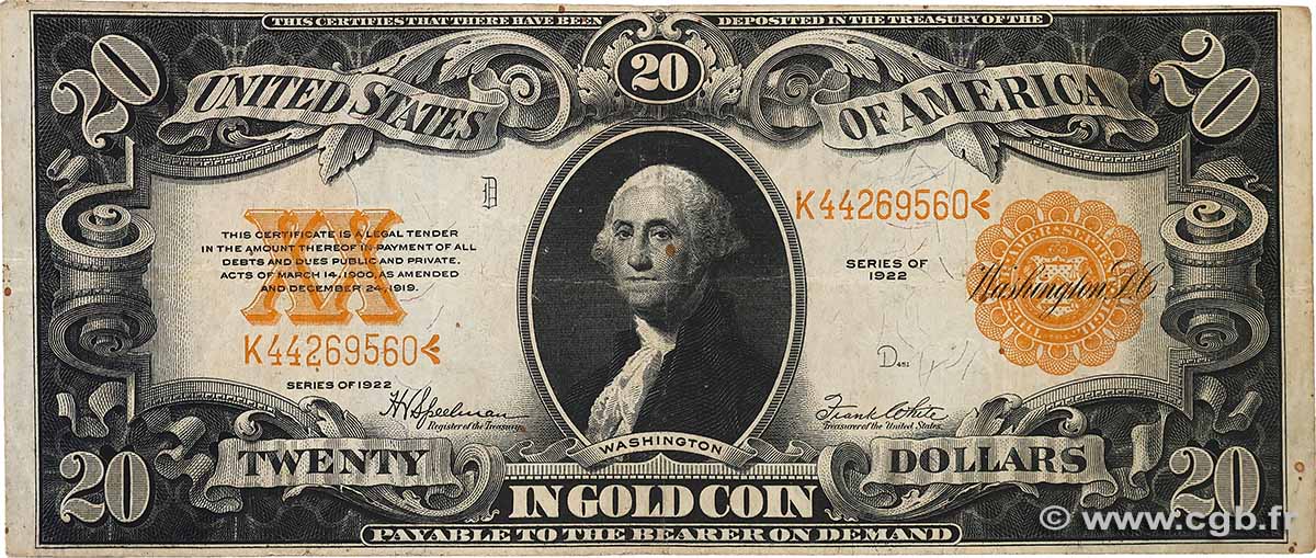 20 Dollars UNITED STATES OF AMERICA 1922 P.275 F