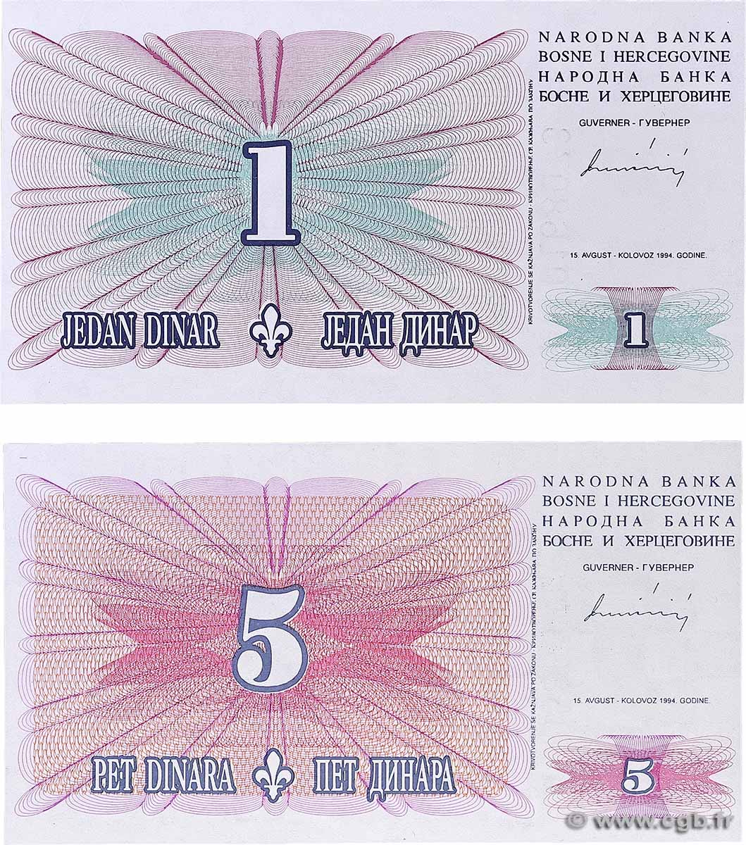 1 et 5 Dinara Lot BOSNIA HERZEGOVINA 1994 P.039a et P.040a UNC