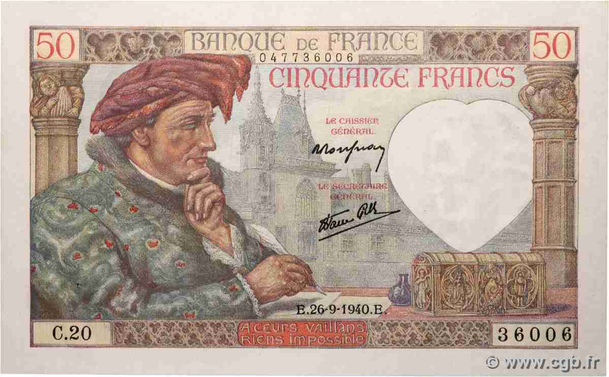 50 Francs JACQUES CŒUR FRANCIA 1940 F.19.03 EBC+