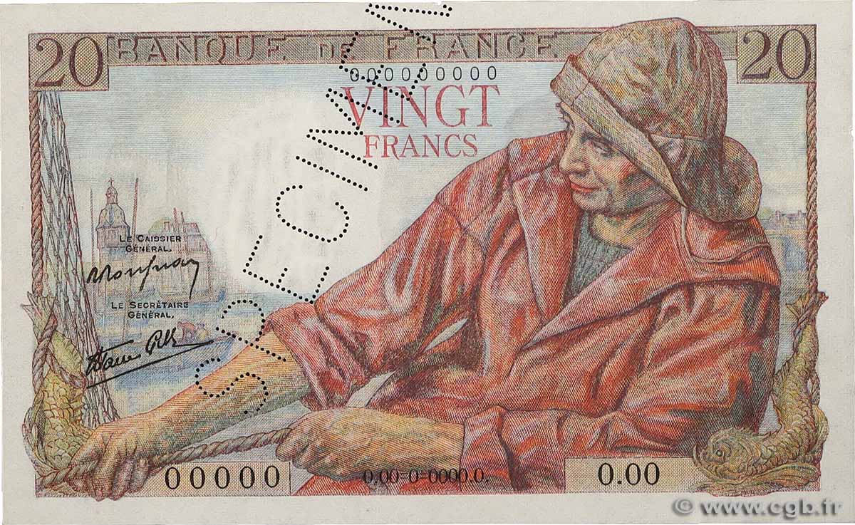 20 Francs PÊCHEUR Spécimen FRANCE 1942 F.13.01Sp AU-