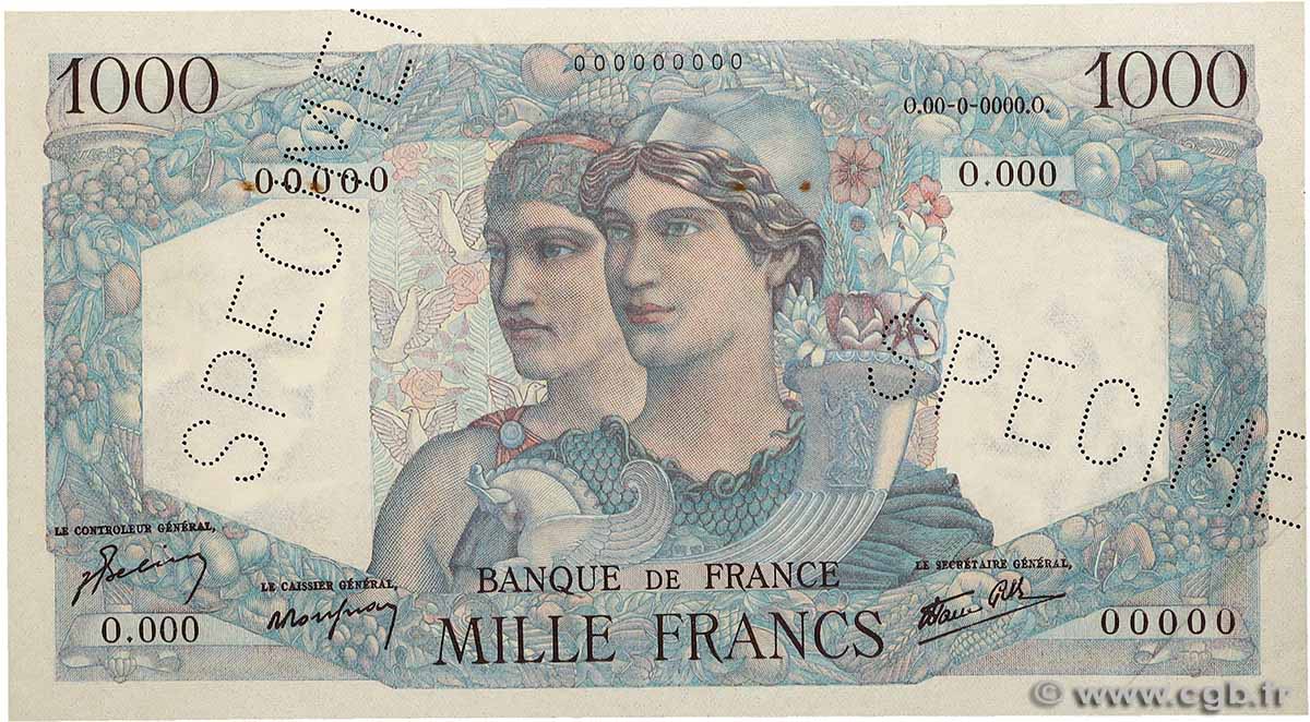 1000 Francs MINERVE ET HERCULE Spécimen FRANCE 1945 F.41.01Sp2 XF+