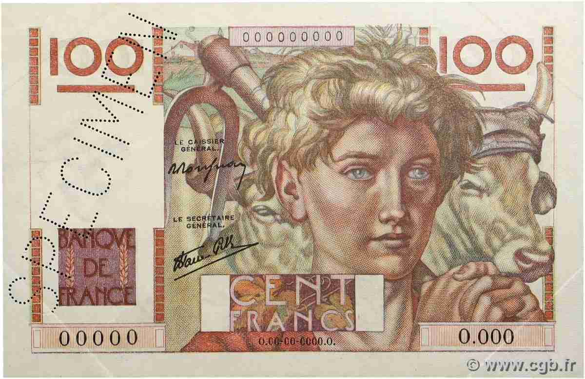 100 Francs JEUNE PAYSAN Spécimen FRANCE 1945 F.28.01Sp AU-