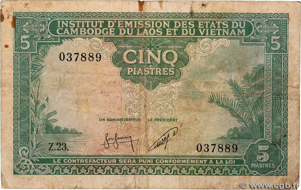 5 Piastres - 5 Riels INDOCHINA 1953 P.095 RC+